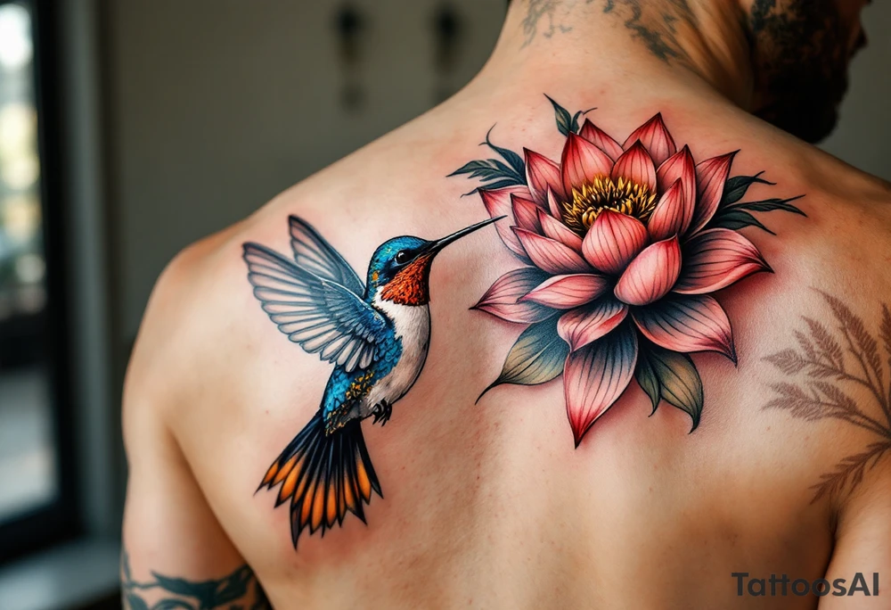 hummingbird and lotus flower, egyptian theme tattoo idea