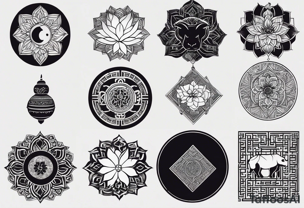 Very asymmetrical, +geometric pattern, with realistic full moon, with serious looking hippo, +zen feel, + Buddhism touch, +tribal, +geometric, +chinese inkart 
with wintersweet flower bud, +portrait orientation, +inkart touch, tattoo idea
