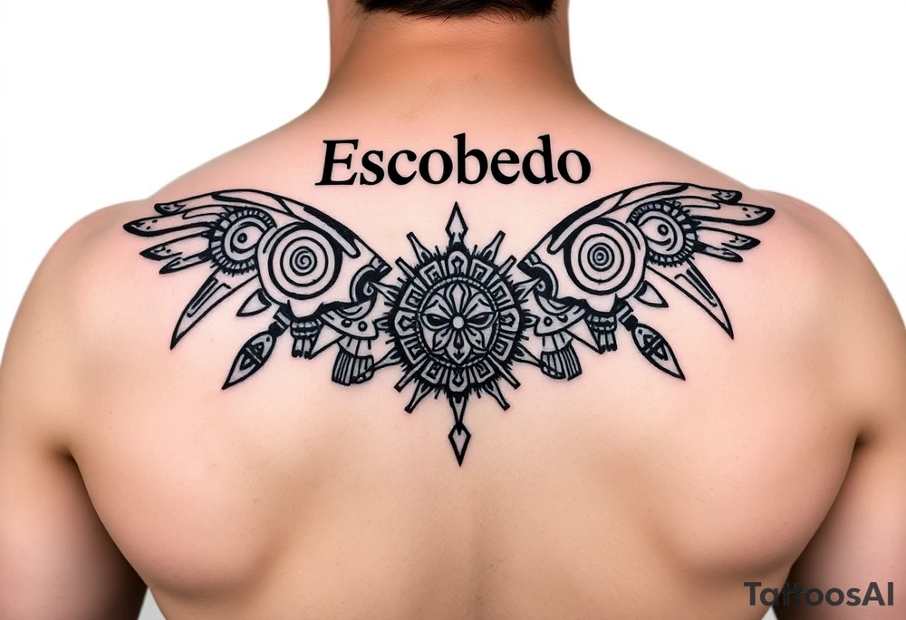 "A symmetrical Aztec or Mexican tribal pattern, incorporating geometric shapes, warrior masks, and sun symbols. The design is centered just below the bold 'Escobedo' name across the shoulders, maintaining a balanced and culturally meaningful aesthetic." tattoo idea