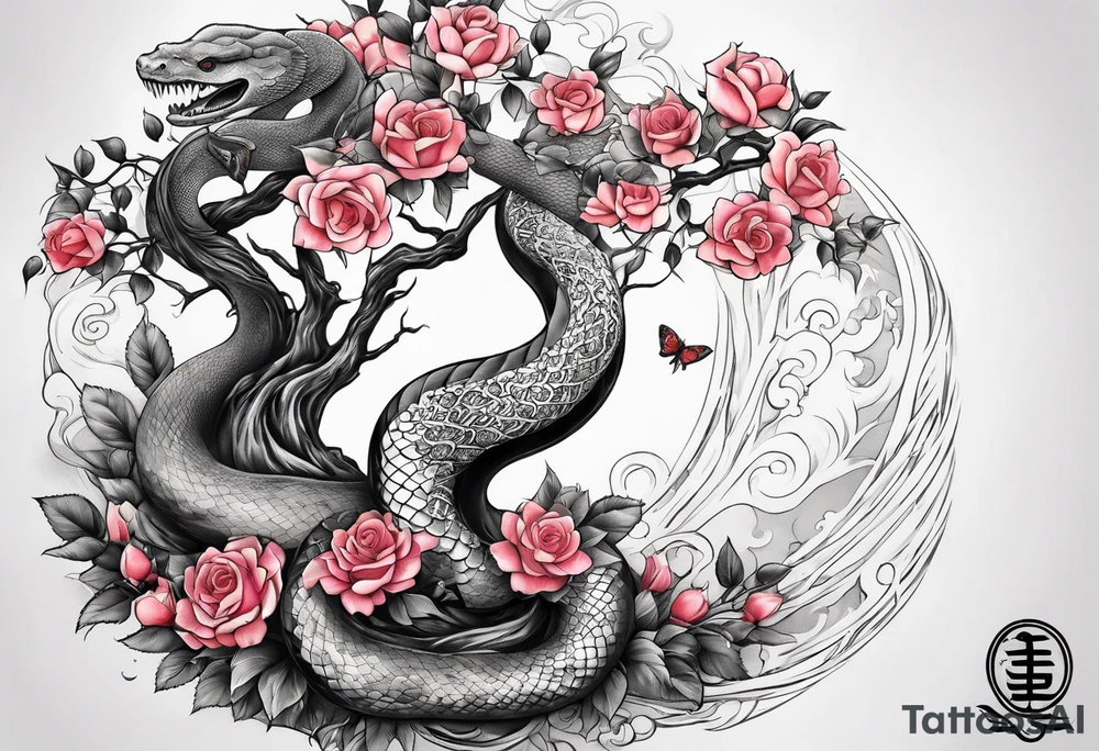Tree yin and yang with a pasture of roses and a snake at the bottom tattoo idea