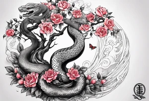 Tree yin and yang with a pasture of roses and a snake at the bottom tattoo idea