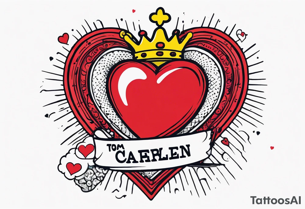 queen of hearts - tom sachs and kaws inspiration - on forearm - with text saying queen carleen tattoo idea