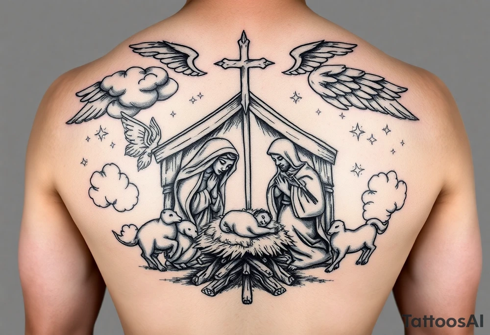 HALF SLEEVE forearm IDEA:
clouds
angel with wings portrait 
cross
The Nativity: The birth of Jesus in a manger, surrounded by Mary, Joseph, shepherds, and animals. It symbolizes hope and the beginning of Christ's life on Earth. tattoo idea
