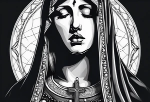 Virgin Mary  looking down with black tears and rosary young version tattoo idea