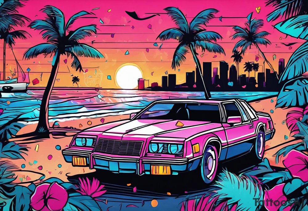 1980's miami vice style dance party with boom box, confetti, music notes in a retro eighties beach theme, no cars tattoo idea