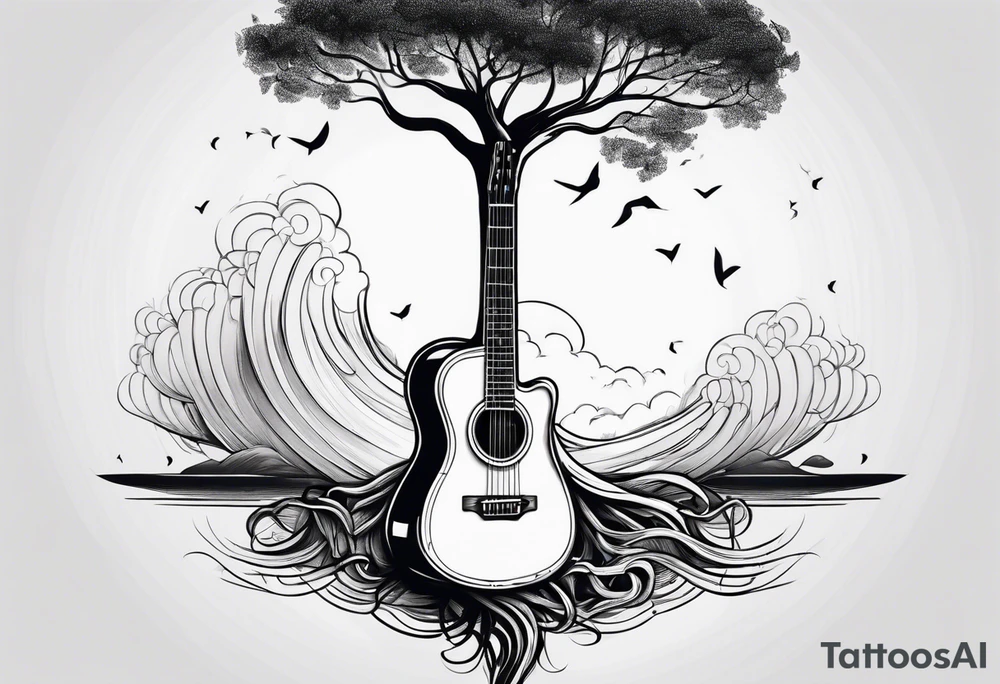 tree with guitar neck as trunk and roots are an anchor tattoo idea