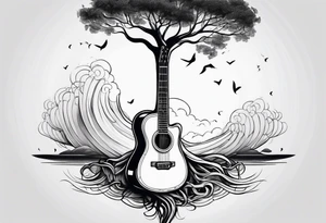 tree with guitar neck as trunk and roots are an anchor tattoo idea