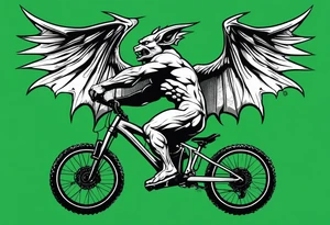 gargoyle riding a green full suspension mountain bike with a shadow no background with wings tattoo idea