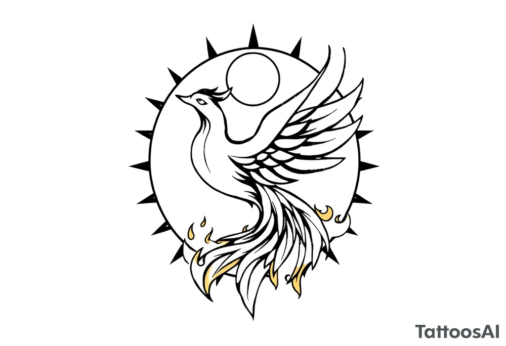 magical phoenix rising from golden flames with trailing embers surrounded by geometric sun and moon tattoo idea