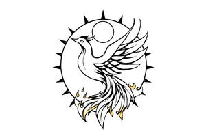 magical phoenix rising from golden flames with trailing embers surrounded by geometric sun and moon tattoo idea