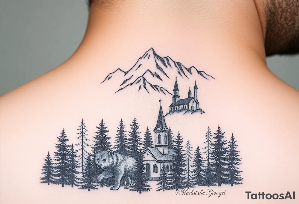 Nature/Landscape

Wolves in a pine forest (extending the tree line you already have)
A Russian bear emerging from the treeline
Snow-capped mountains behind the church scene tattoo idea