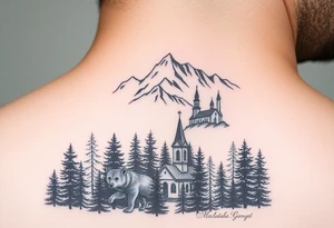 Nature/Landscape

Wolves in a pine forest (extending the tree line you already have)
A Russian bear emerging from the treeline
Snow-capped mountains behind the church scene tattoo idea