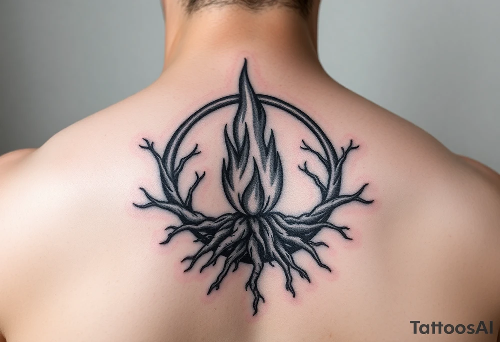 a flame imprisoned in roots circle on the shoulder tattoo idea