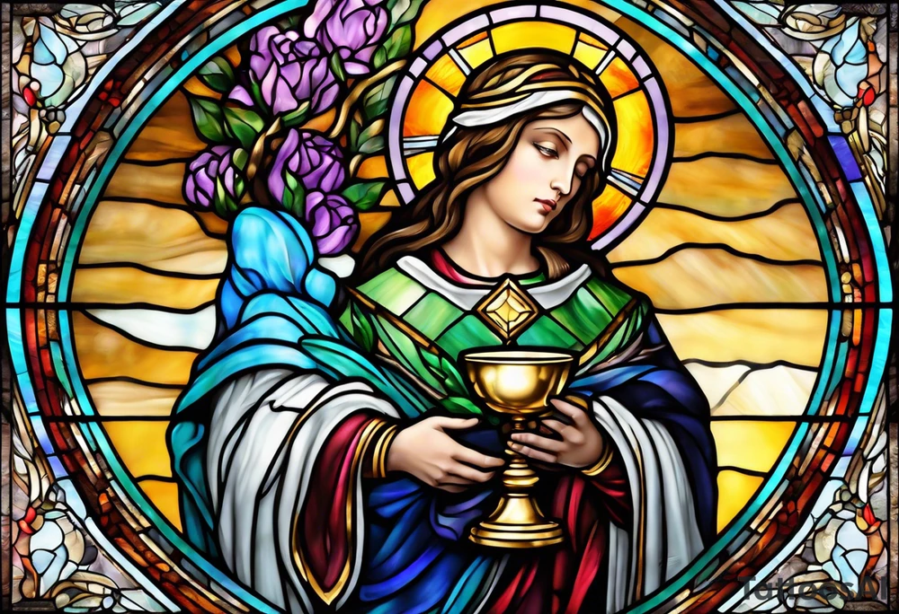 holy saint stained glass holding a chalice tattoo idea