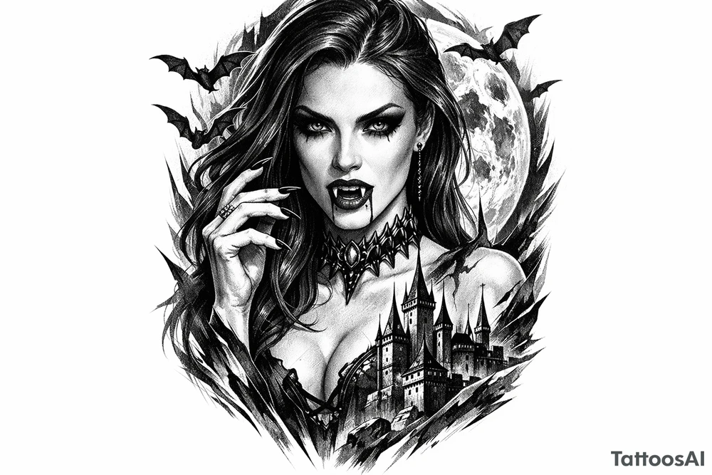 female vampire,bats,full moon. tattoo idea