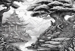 A mural with an water theme, a tree growing up out of the garden and a warrior defending tattoo idea