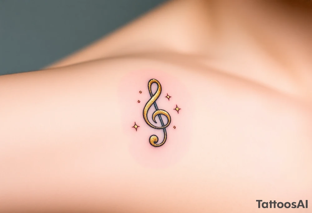 A gold treble clef with subtle silver accents, surrounded by delicate sparkles tattoo idea