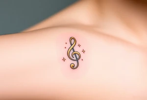 A gold treble clef with subtle silver accents, surrounded by delicate sparkles tattoo idea