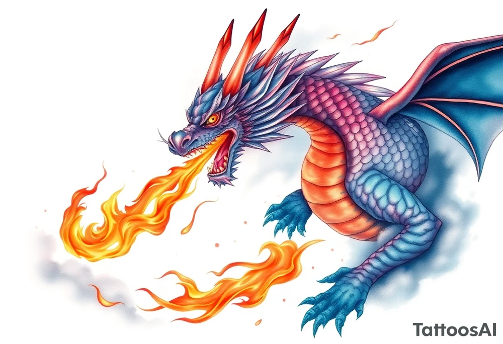 fierce dragon breathing iridescent fire against stormy skies tattoo idea