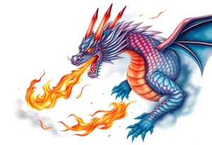 fierce dragon breathing iridescent fire against stormy skies tattoo idea