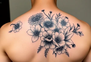 Half sleeve of Dark feminine gothic florals with daisies, poppies,  white narcissus, sweet peas and gladiolus tattoo idea