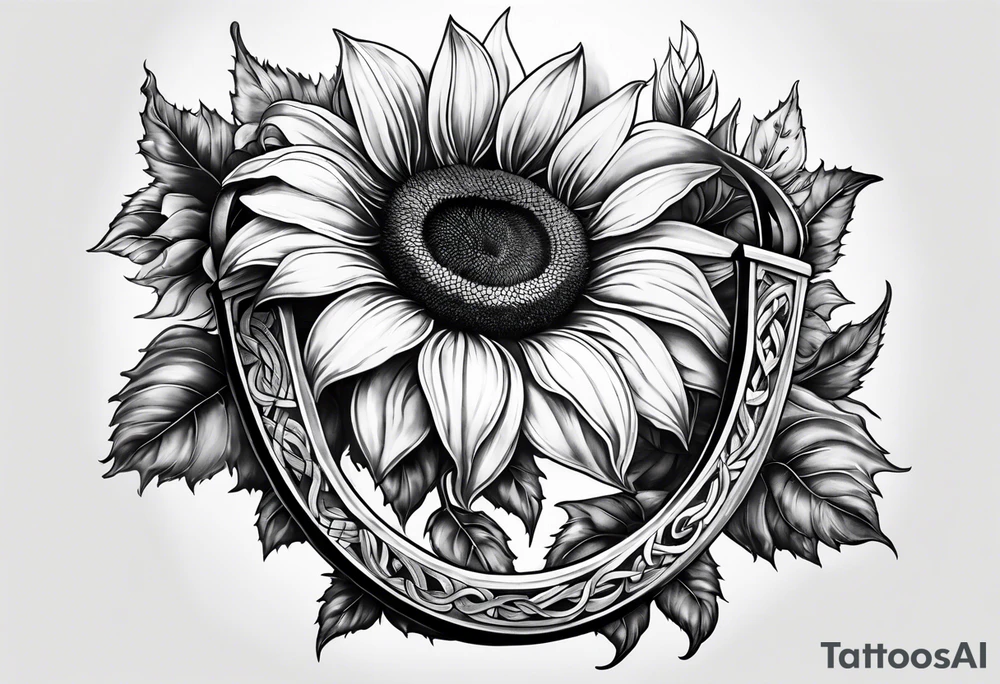 Realistic Horseshoe around a sunflower tattoo idea