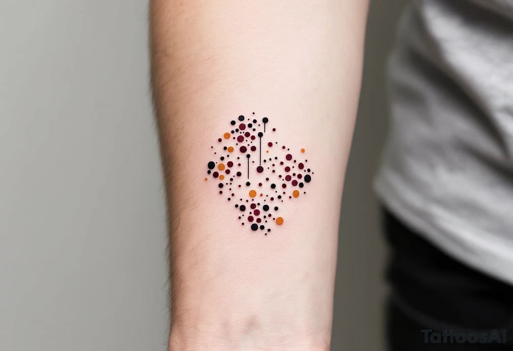 Cluster of tiny burgundy and ochre dots on the inner forearm – Organic, pollen-like design inspired by wildflowers. tattoo idea