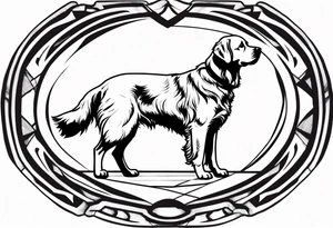 a golden retriever in a jujitsu gi including belt full body view tattoo idea