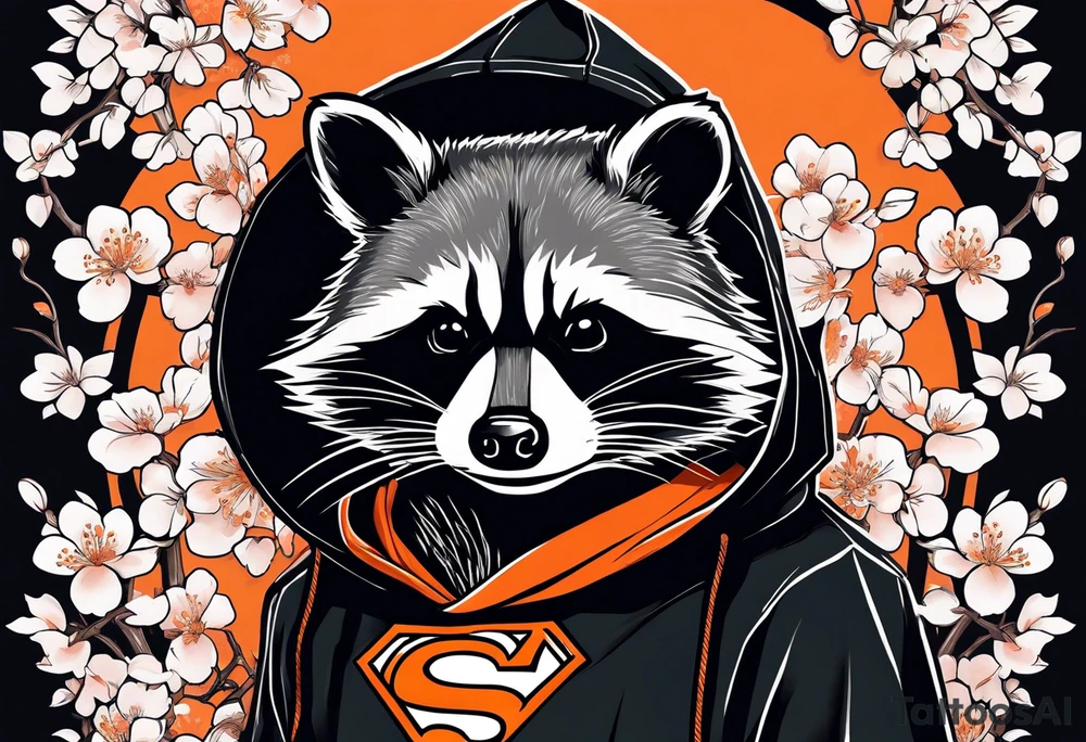 Raccoon wearing a white Superman logo on a black hoodie and orange Japanese cherry blossoms beside tattoo idea