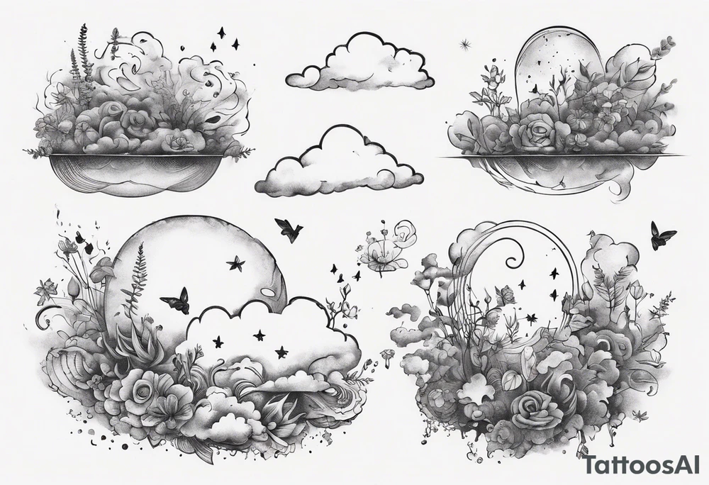 clouds with little plants and the date 12.08.05 tattoo idea