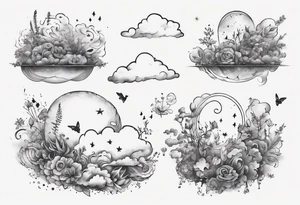 clouds with little plants and the date 12.08.05 tattoo idea
