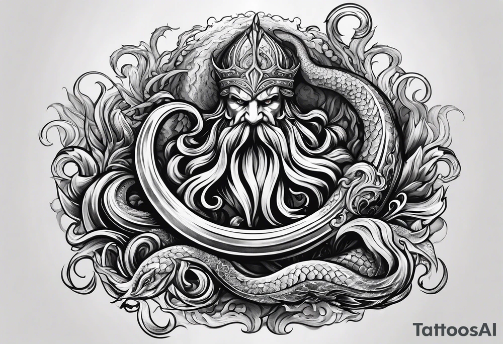 Kraken wrapping Poseidon thrusting trident stormy sea tattoo idea