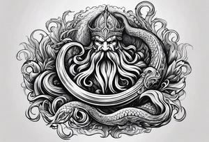 Kraken wrapping Poseidon thrusting trident stormy sea tattoo idea