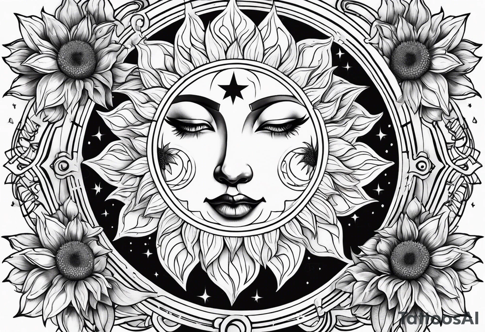 Sunflowers sun and moon tattoo idea