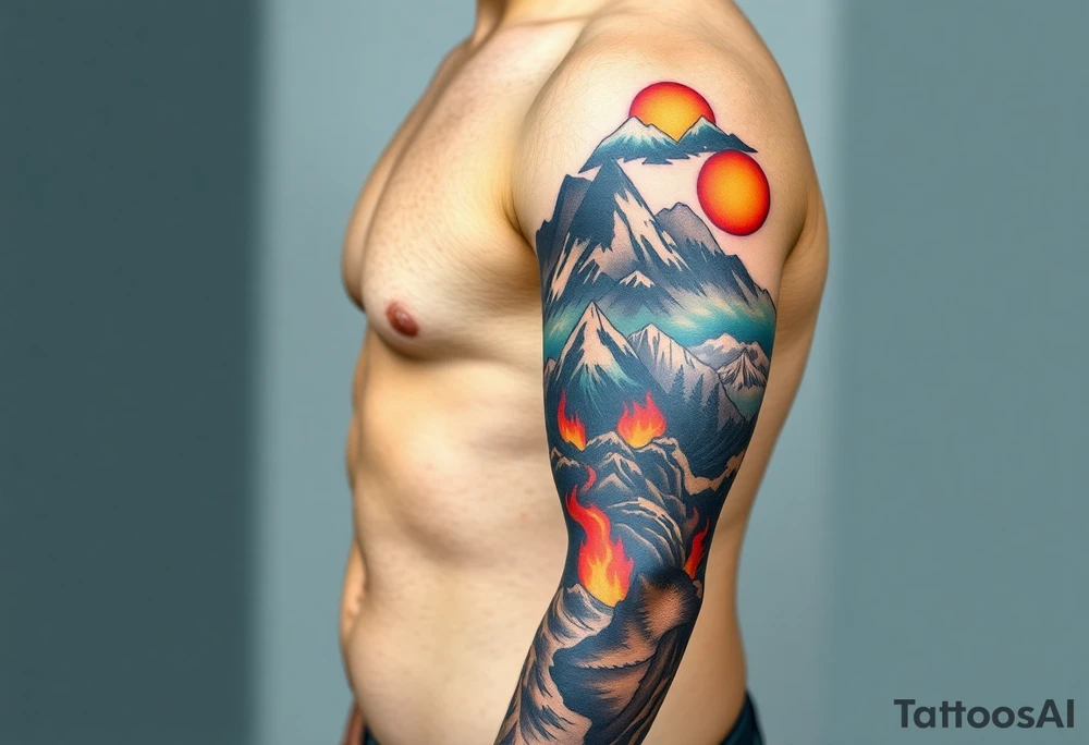 turtle sleeve with mountains, fire, water, air tattoo idea