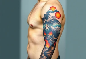 turtle sleeve with mountains, fire, water, air tattoo idea