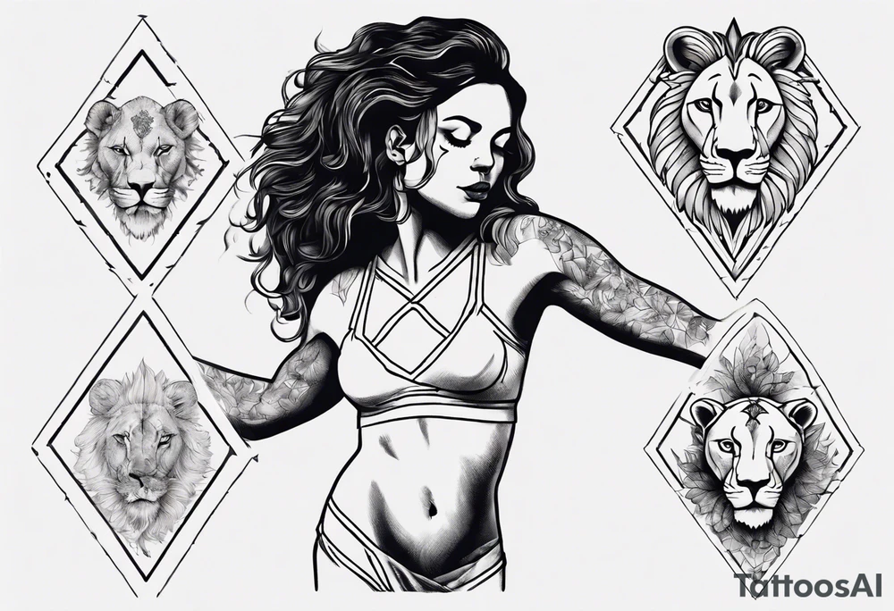 ![Image](file-service://file-28yDVXZtoOR5ZckIvEQ7gtFA)Delicate Black and white tattoo with a woman (entire body) dancing. showing that a lion (only head) is shadowing her. Use triangles and dot work. tattoo idea