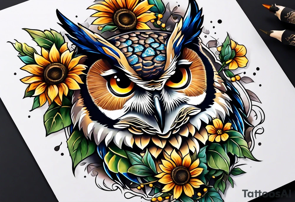 Sleeve with owl, sunflower and butterfly tattoo idea