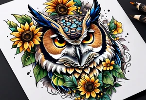 Sleeve with owl, sunflower and butterfly tattoo idea