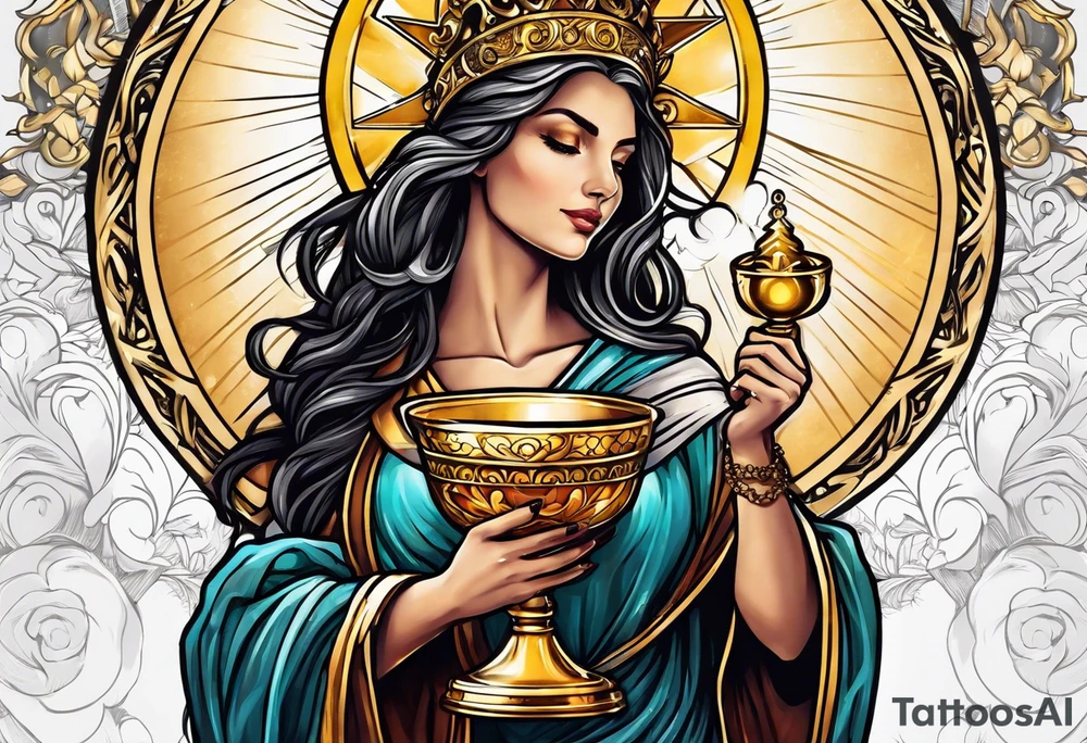 woman saint holding chalice surrounded by golden halo sideways tattoo idea