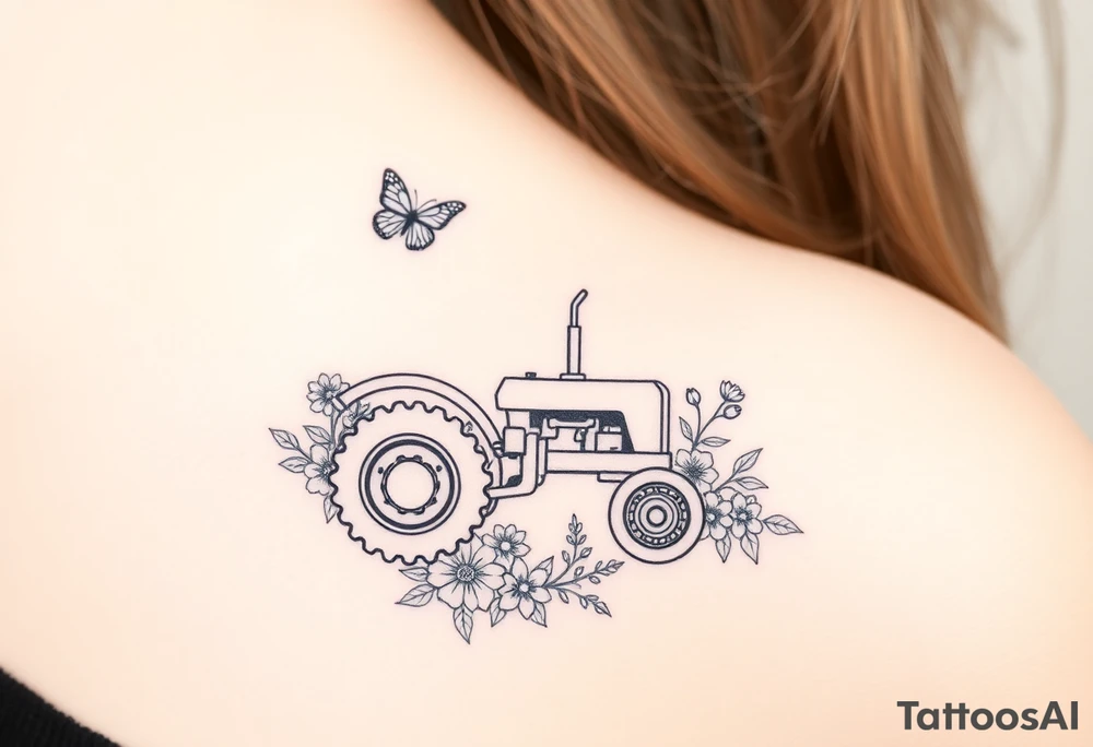 A tractor surrounded by flowers and butterfly tattoo idea