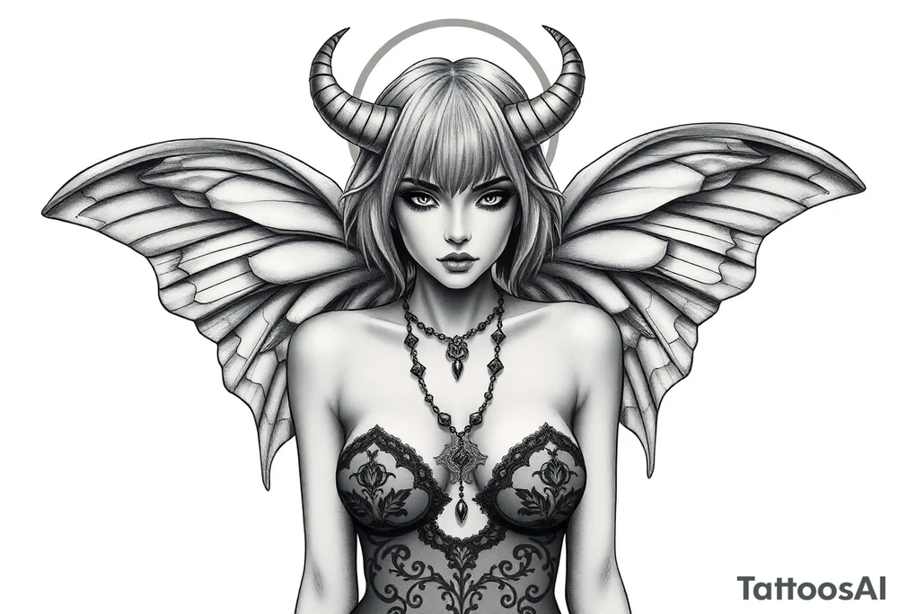 A powerful extremely sexy depiction of a start date with angel wings resembling that of a lunar moth and horns resembling the moths antennas with the son of of her head as if a Halo with two crescent men's off to each side full frontal nude with exotic see through lingerie with a sensual enticing glare short hair length of approximately 8 inches realistic erotic necklace encompassing the look of the hottest goddess of Love and war tattoo idea