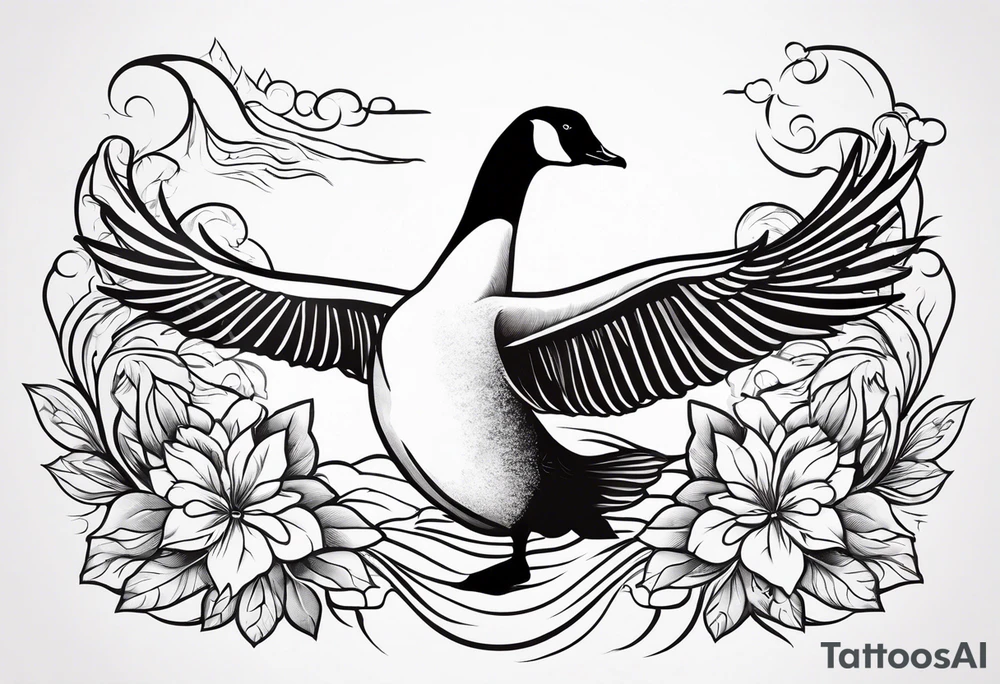 canadian goose taking off profile flowers tattoo idea