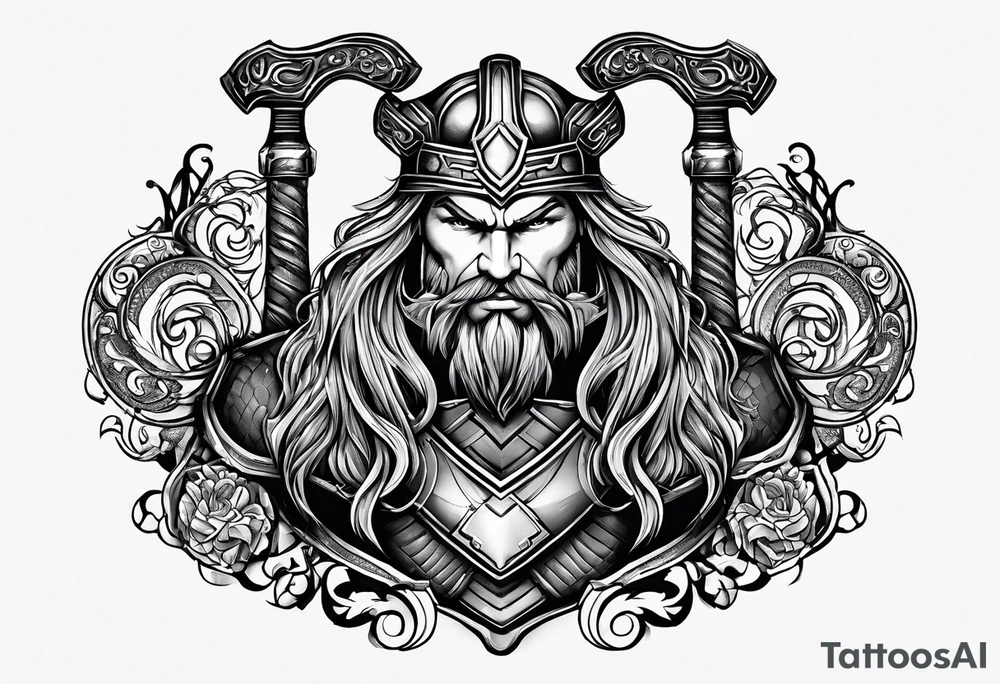 Thor mit Hammer on der Hand und kämpft gegen eine riesen Schlange tattoo idea