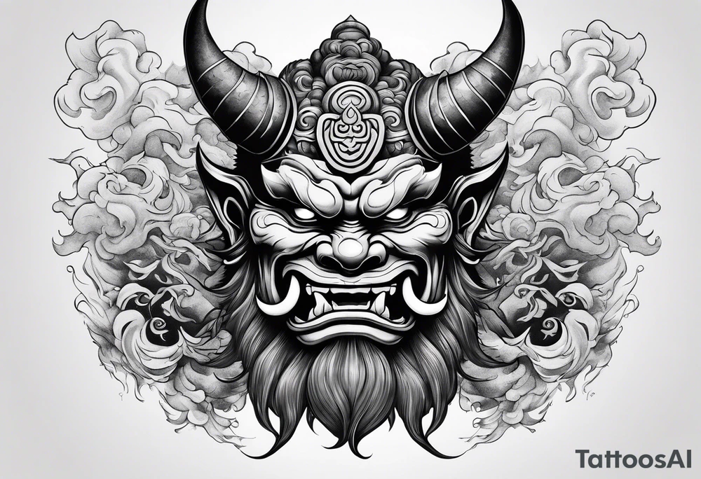 Japanese oni demon facing half sideways with subtle smoke coming out its mouth. With some Japanese cultural things surrounding it tattoo idea