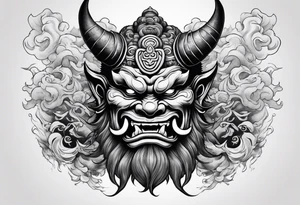 Japanese oni demon facing half sideways with subtle smoke coming out its mouth. With some Japanese cultural things surrounding it tattoo idea