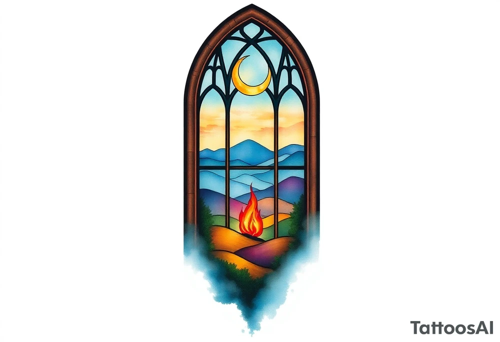 Tall church window with stained glass showcasing crescent moon over a hilly landscape as a fire burns in the distance tattoo idea