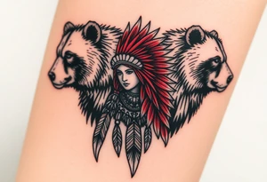 Indigenous, Majestic, and Powerful male Goliath Grizzly Bears guarding a Magestic and Powerful Raven haired Warrior Squaw tattoo idea