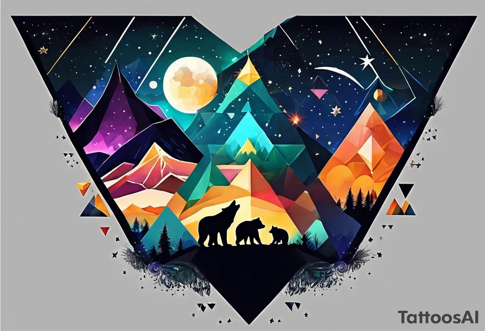 Create a sleeve tattoo from shoulder to wrist. The design should include space, stars, forest, sunset, mountains, cliffs, waterfall, water, ocean, wild animals (bear, wolves, elephant), and inserts of triangles and geometric figures. I have two children – a son, Sergei (the eldest), and a daughter, Anna, who live with me and my wife. But I also have another daughter, Marianna, whom I haven't seen for a long time and eagerly await to meet. The tattoo should symbolize love and protection for my children and family, the desire to secure their future, and confidence in tomorrow. It should reflect the notion of not looking back, but always moving forward and achieving goals! tattoo idea