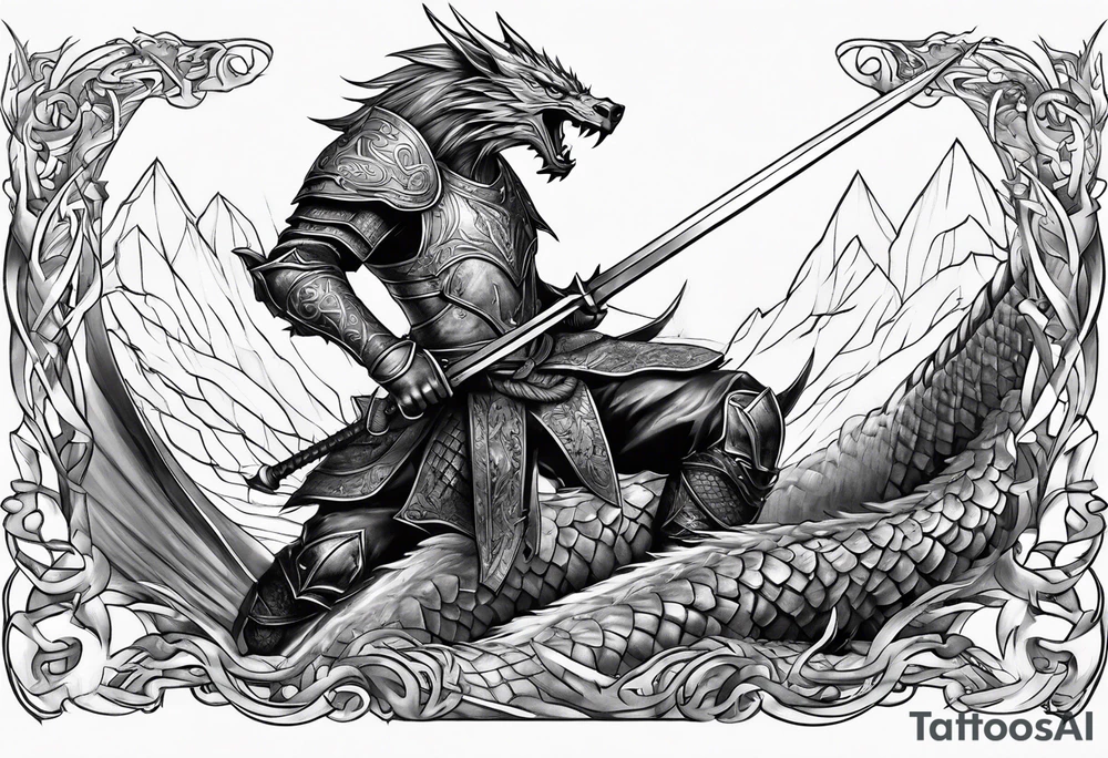 Norse Warrior stabbing a Dragon straight down tattoo idea